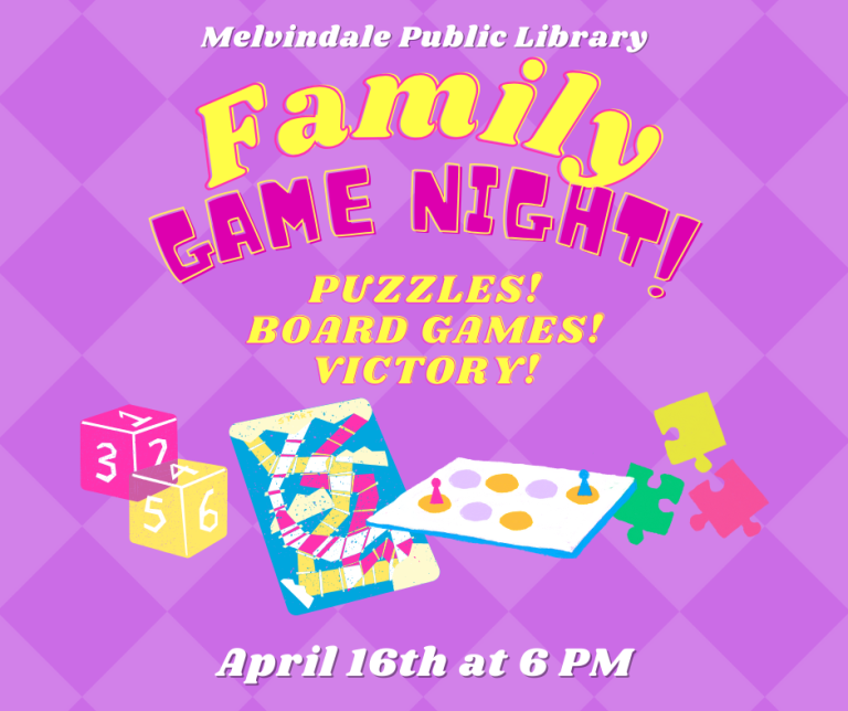 Photo advertising family game night April 16th at 6 pm