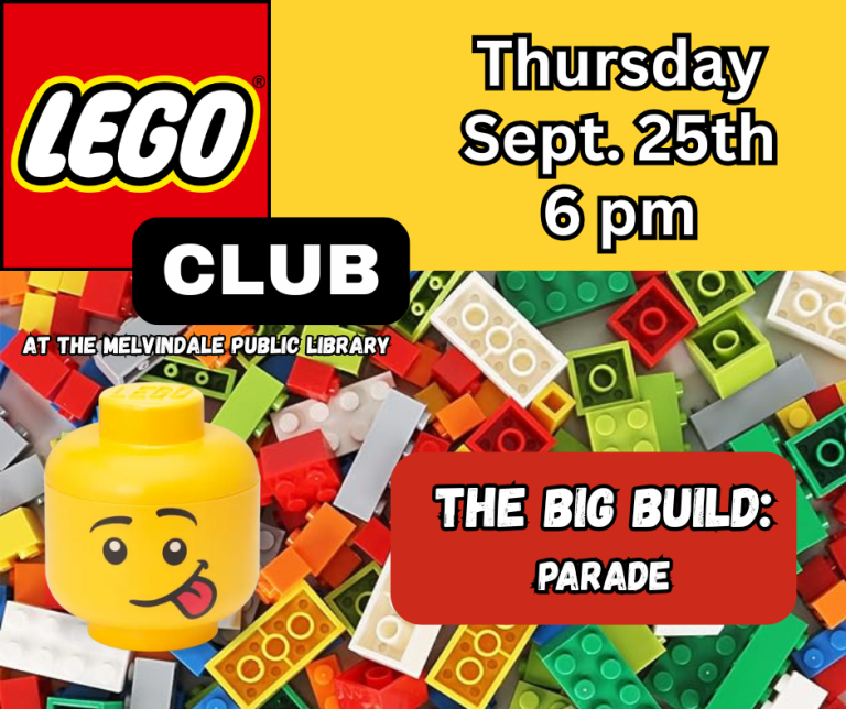 Photo showing LEGO bricks and a large LEGO person head. LEGO Club is Thursday, September 30th at 6 PM at the Melvindale Public Library. Come create and build with Library provided LEGO bricks! This months Big Build theme is "Parade"