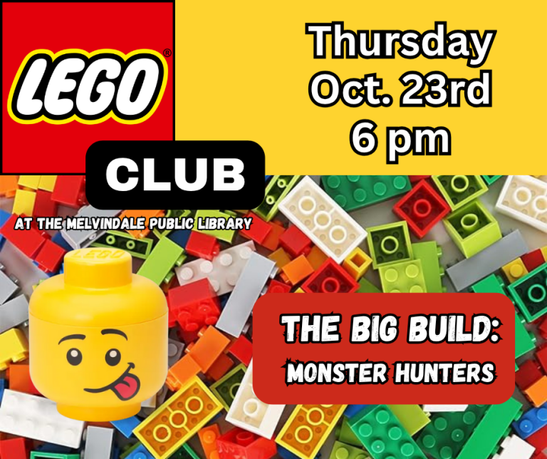 Photo showing LEGO bricks and a large LEGO person head. LEGO Club is Thursday, October 23rd at 6 PM at the Melvindale Public Library. Come create and build with Library provided LEGO bricks! This months Big Build theme is "Monster Hunters"