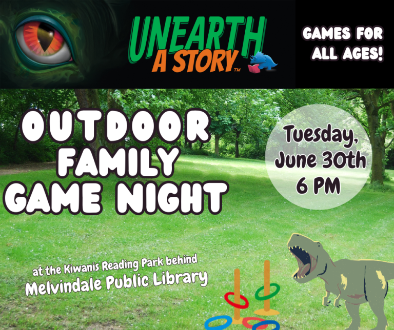 Outdoor Family Game Night. June 30th at 6 PM. Lots of outdoor games for the whole family! At the Kiwanis Reading Park behind the Library.