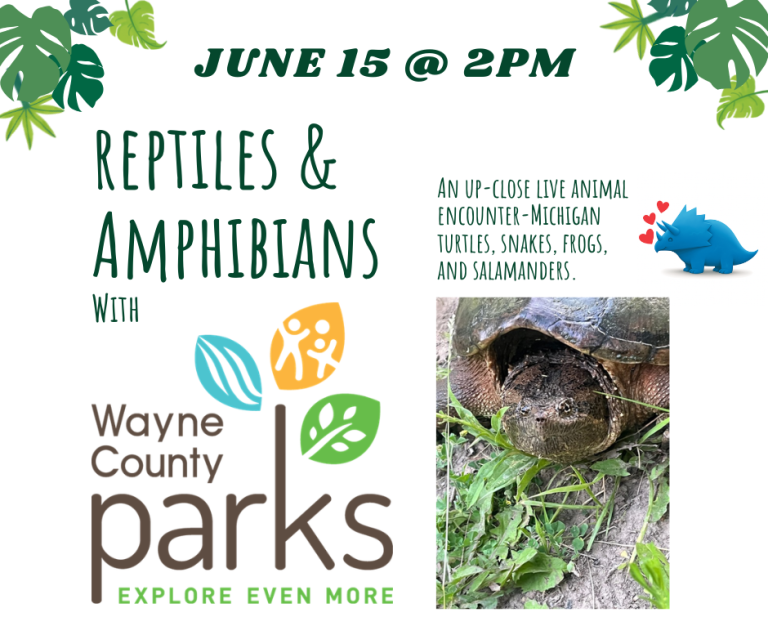 Reptile Encounters with Wayne County Parks. June 15th at 2 PM. An up-close live animal encounter with Michigan turtles, snakes, frogs, and salamanders.