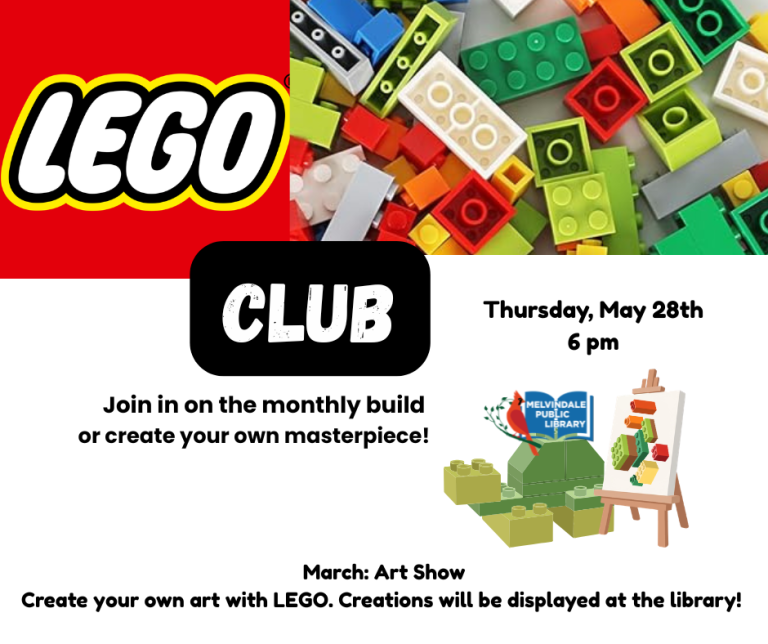 LEGO Club. Thursday, May 28th at 6 PM. Join in the monthly build or create your own masterpiece! This month's theme : Art Show.