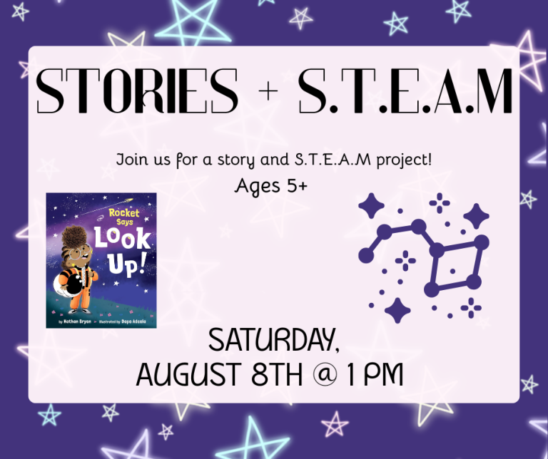 Hear a story, learn about stars, and then make your own constellations out if pipe cleaners and beads. August 8th at 1 PM. Ages 5 and up