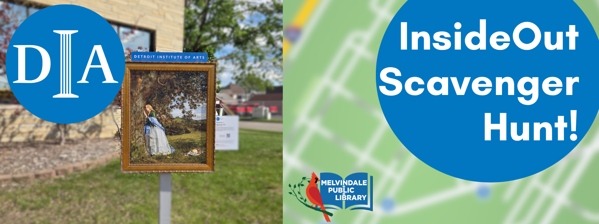 DIA Logo with Melvindale Public Library Logo. Images of Map and DIA Artwork announcing the InsideOut Scavenger Hunt