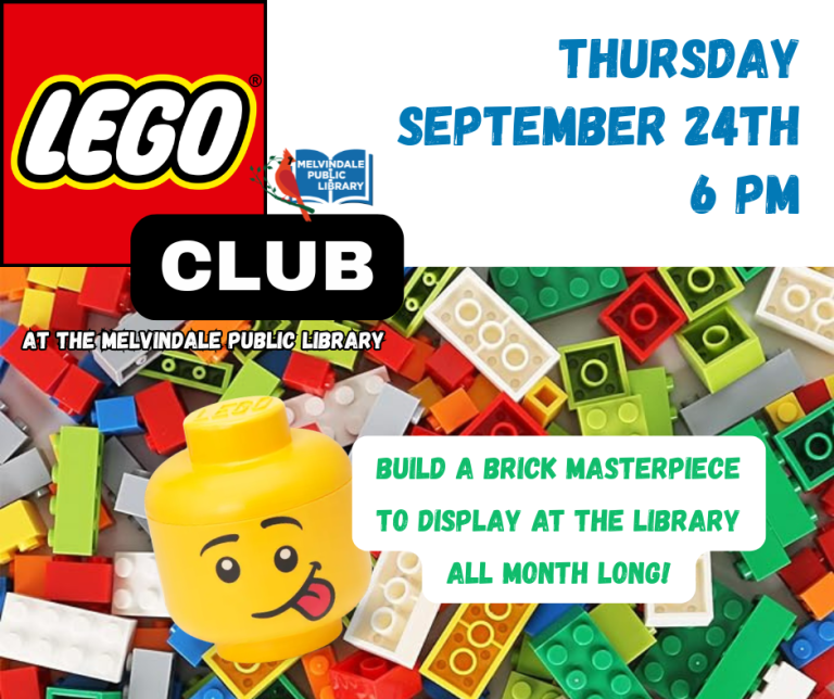 LEGO Club. Thursday, Sept. 24th at 6 PM. Build a brick masterpiece to display at the library all month long!