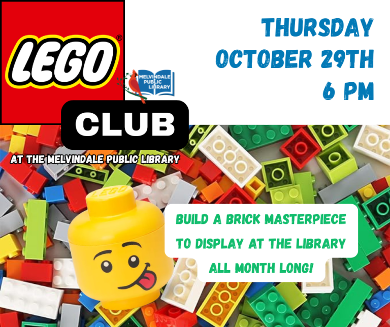 LEGO Club. Thursday, October 29th at 6 PM. Build a brick masterpiece to display at the library all month long!